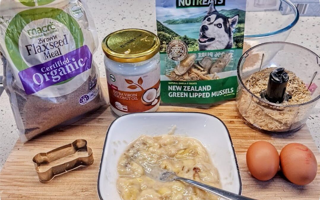 The ingredients for banana and flaxseed dog treats