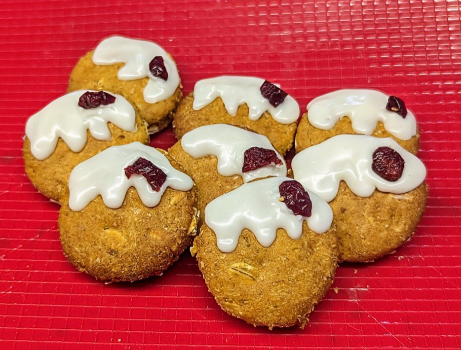 Dog biscuits iced to look like Christmas puddings