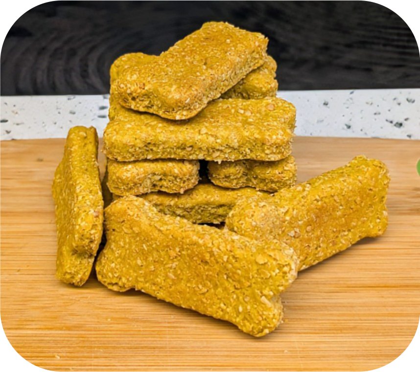 A stack of bone-shaped crunchy dog treats